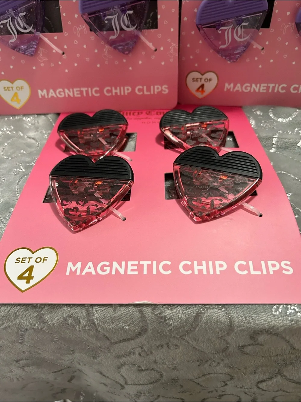 NWT Juicy Couture Heart Magnetic Chip Clips - Hot Pink, Lavender & Black